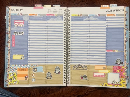 A customer's detailed weekly planner layout featuring the Ultimate Subscription's fun Beach Birds sticker set.