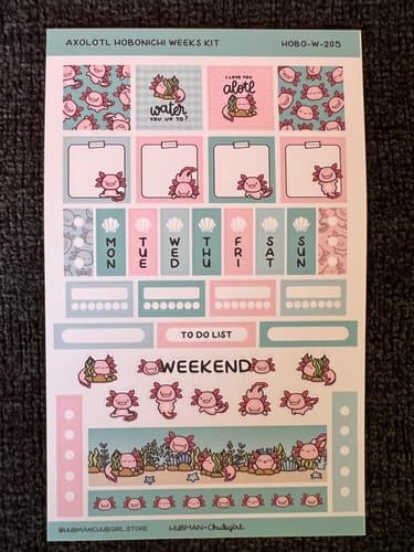 Customer's Happy Axolotl Theme Hobonichi Weeks Kit, showing a single sheet of colorful planner stickers with cute axolotl illustrations.