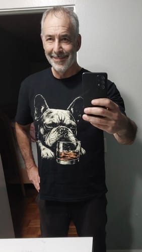 Customer wearing the black Whiskey Frenchie Grunge T-Shirt, showing the fit and graphic of a dog with a whiskey glass.