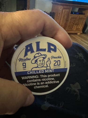 A reviewer holds a white tin of ALP Chilled Mint Nicotine Pouches.