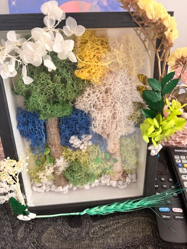 Customer's completed Craft Subscription Box project, showing a colorful moss forest scene in a frame.