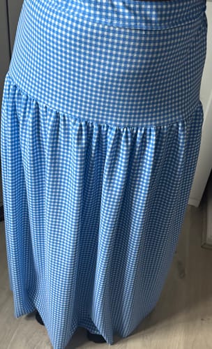 Reviewer's self-drafted long skirt made from the blue and white checkered soft viscose jersey.