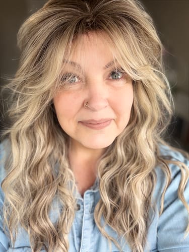 Customer photo review of JBEXTENSION 22 Inches Scalpiana Long Wave Blonde Highlight 3.5X4 Hard Silky Top Natural Scalp Effect Wig with Bangs OSSIE BLONDE HIGHLIGHT