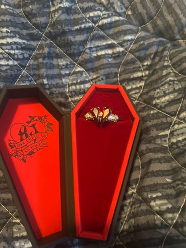 Customer's Promise Ring with a red heart-shaped stone, presented inside its open coffin-shaped box.