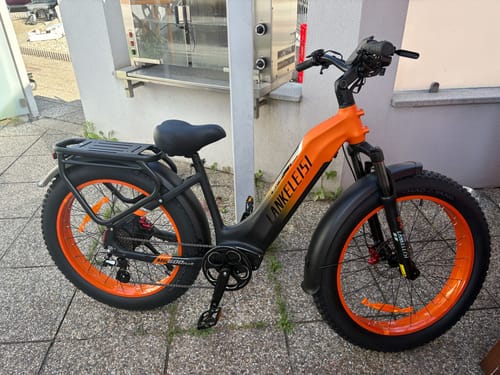 A customer's black and orange Lankeleisi MG600 Plus fat bike with a rear rack, parked on a patio.