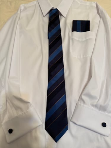 Customer photo review of Blue Striped Necktie Pocket Square Cufflinks Set