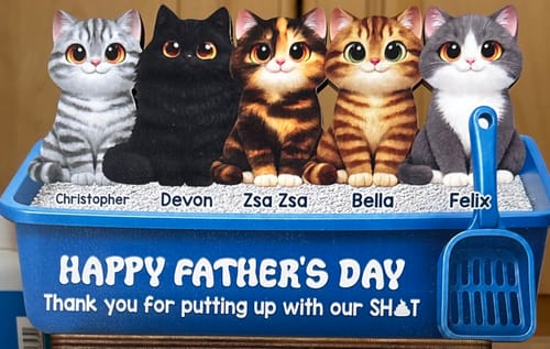 Customer's personalized Father's Day wooden plaque with five custom cats in a funny blue litter box design.