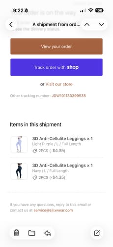 Customer's order confirmation screenshot showing two pairs of 3D Anti-Cellulite Leggings in Light Purple and Navy.