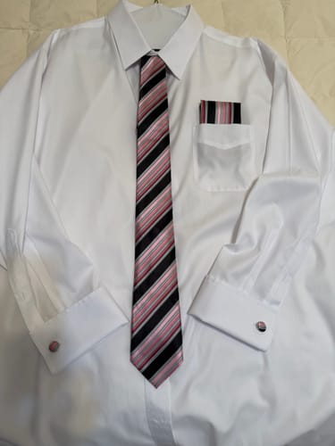 Customer photo review of Black Pink Striped Men's Tie Handkerchief Cufflinks Set