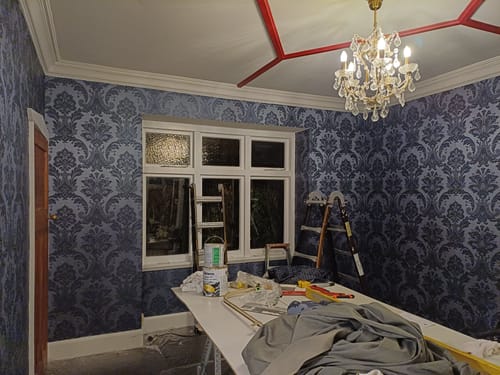 Customer photo review of Amara Damask Wood Panel Wallpaper - Navy Blue