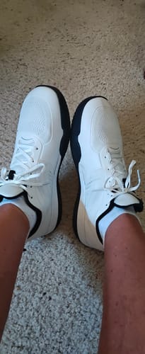 Customer's overhead view of their white CUURT Muuv court shoes, highlighting the wide toe box.