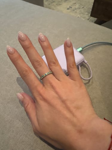 Reviewer's hand showing the colorful Eterna Birthstone Ring on their finger.