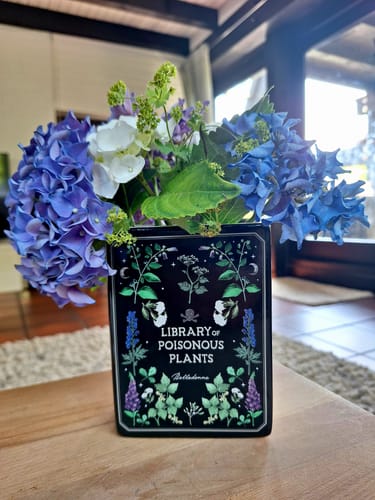 Rezensent zeigt die schwarze Zauberbuch Keramik Vase, gefüllt mit einem schönen Blumenstrauß auf einem Holztisch.