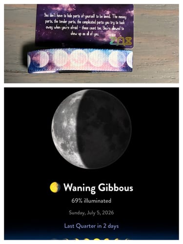 Customer's composite image of the pastel 'All Of You Counts Bracelet' and a screenshot from its scannable moon phase feature.