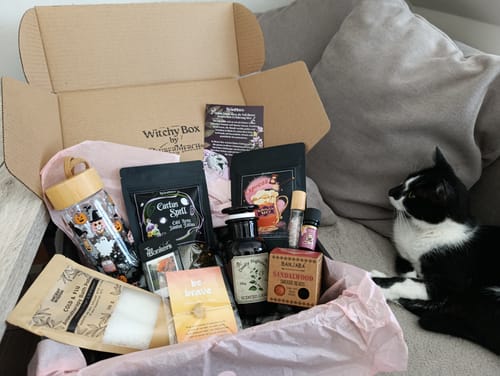 Rezensent zeigt die geöffnete Witchy Box Verpackung, gefüllt mit verschiedenen Produkten und neben einer Katze.