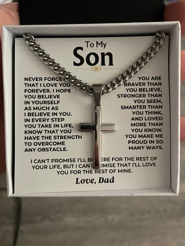 Customer's Artisan Cross on Cuban Link Chain gift set displayed in its white box over the 'To My Son' message card.