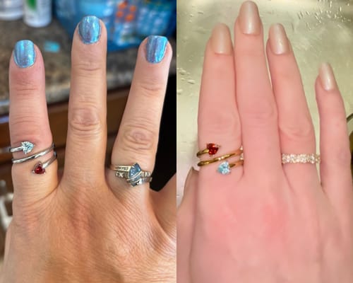 Customer's side-by-side image of the Twin Hearts Birthstone Ring in a silver finish and a gold finish.