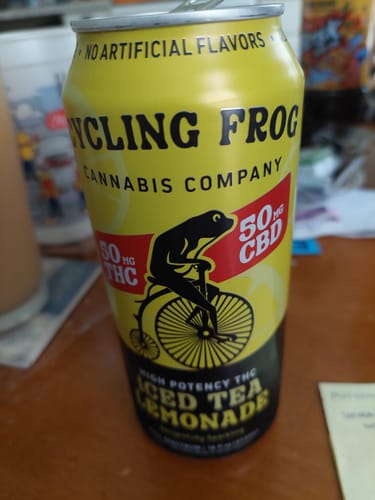 Customer's can of Cycling Frog High Potency Iced Tea Lemonade, showing the 50mg THC and CBD content.