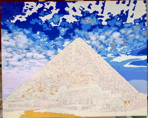Kundenrezension zum Produkt „Malen nach Zahlen – Ägyptische Pyramiden“ als unfertiges Projekt auf einer Leinwand.