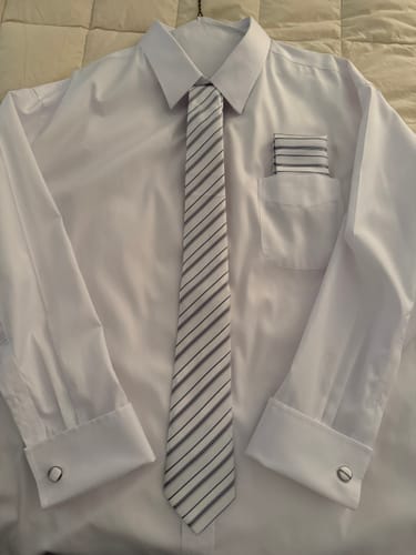 Customer photo review of Ties2you White Necktie for Men Striped Silk Tie Handkerchief Cufflinks Set Business