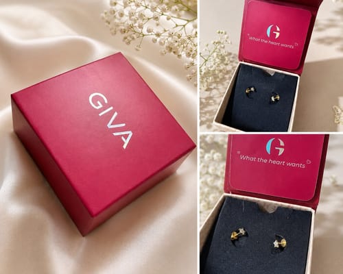 Customer's photo collage showing the red GIVA box and the new golden star-shaped earrings inside.