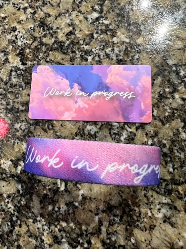 Reviewer's Work In Progress Bracelet and its matching card, both featuring a colorful pink and purple design.