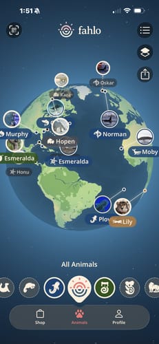 Customer's screenshot of the Fahlo Monthly Club app, showing several tracked animals on a digital world map.