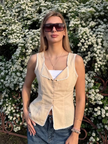 Customer photo review of Mira Lace Trim Split Hem Top