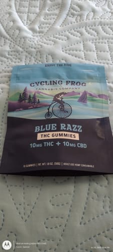 Reviewer's package of Blue Razz Gummies, showing the 10mg THC + 10mg CBD dosage.