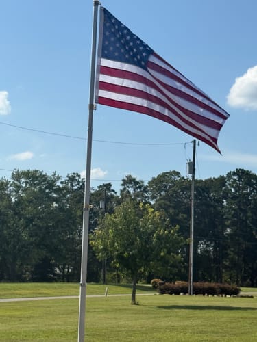 Customer's Ultra Heavy Duty American Flag with bright colors flying from a flagpole in a yard.
