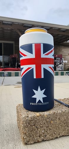 Reviewer's custom blue FrostBuddy featuring a bold Australian flag design sitting outdoors on a brick.