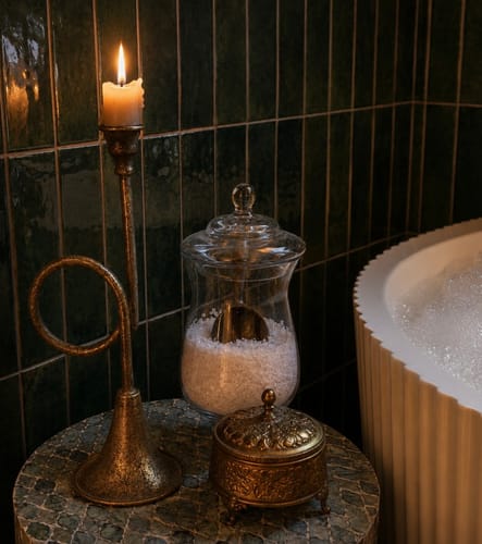 Customer's antique gold Renée horn candlestick with a lit candle, styled on a small mosaic table in a bathroom.