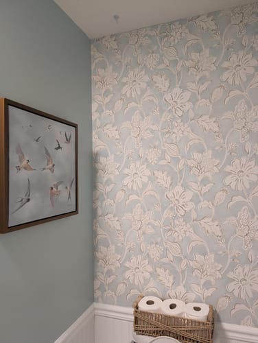 Customer photo review of Chesapeake 4071-71038 Plumeria Aqua Floral Trail Wallpaper
