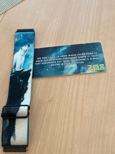 A reviewer's Somewhere Out There Watch Band, showing the polar bear design next to its matching collector's card on a wooden surface.