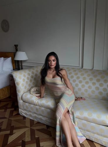 Customer photo review of Sophia One Shoulder Pastel Stripe Maxi Dress