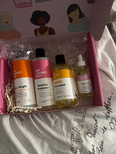 Customer's Bright & Even Skin Kit showing all four products neatly arranged in their open pink packaging box.