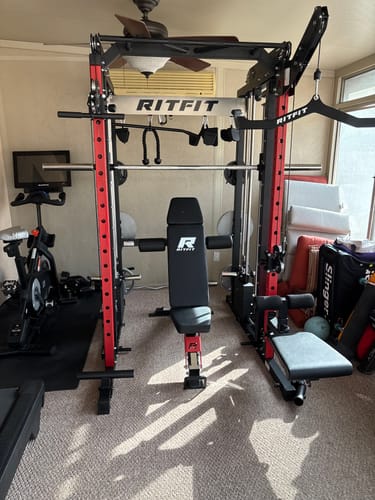 Customer's RitFit High Row Pulldown Attachment fully assembled on an M2 power rack in a home gym.