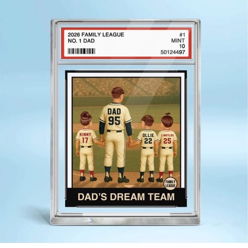 Reviewer's personalized acrylic plaque designed as a trading card, showing a dad and three kids in baseball uniforms from behind.