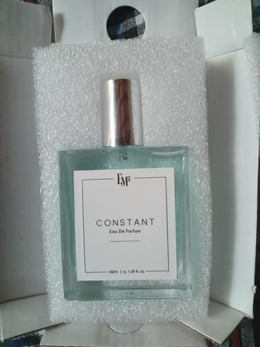 Customer's Constant Eau De Parfum bottle nestled in a white foam protective packaging insert.