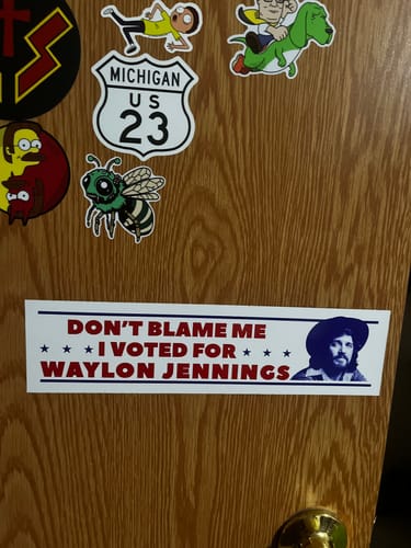 Customer photo review of I Voted for Waylon Jennings Bumper Sticker