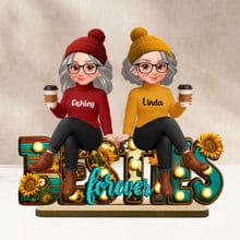 Customer's Personalized Western Fall Vibe Besties plaque, featuring two illustrated characters with coffee cups.