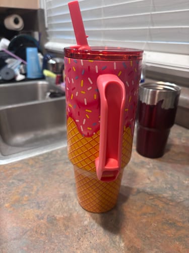 Customer's Mystery Thicc Buddy tumbler with an ice cream cone pattern and pink straw.