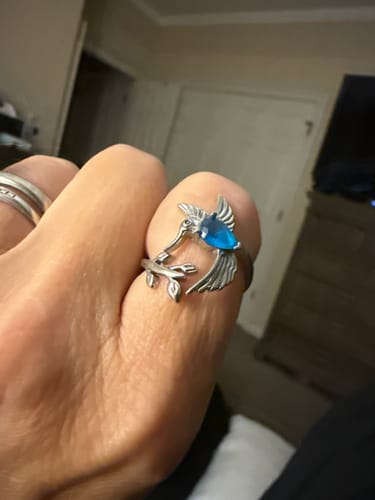 Customer photo review of Personalized Memorial Hummingbird Leaf Ring - Those we love don't go away they fly beside us every day