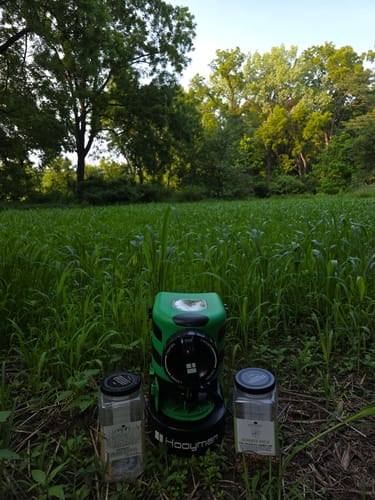 Customer's Summer Bulk seed containers and a green feeder placed in a thick, grassy plot.