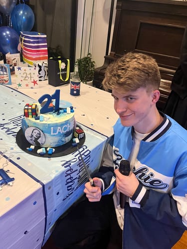 Customer photo review of Custom Powder Blue White-Navy Varsity Full-Zip Color Block Letterman Bomber Jacket