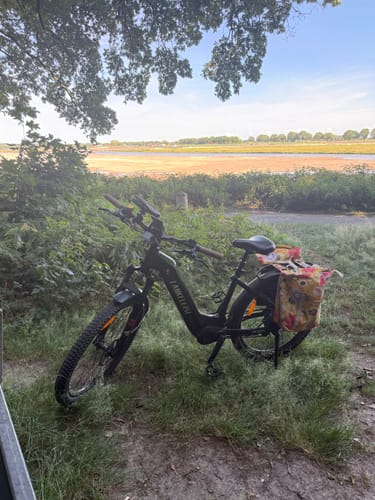 Customer's Lankeleisi MG600 Lite e-bike parked on a grassy path with a colorful pannier bag on the rear rack.