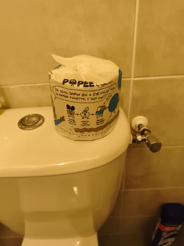 Photo d'un client montrant un rouleau du papier toilette Édition BD avec son emballage illustré, posé sur des toilettes.