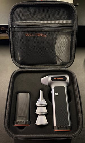 Customer's open Air Duster Carrying Case with the air duster and its accessories fitting snugly inside.