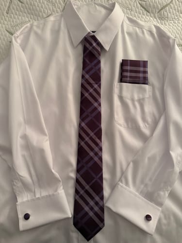 Customer photo review of Ties2you Purple Plaid Necktie Silk Men's Tie Hanky Cufflinks Set Wedding