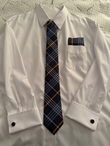 Customer photo review of Navy Blue Yellow Plaid Necktie Pocket Square Cufflinks Set